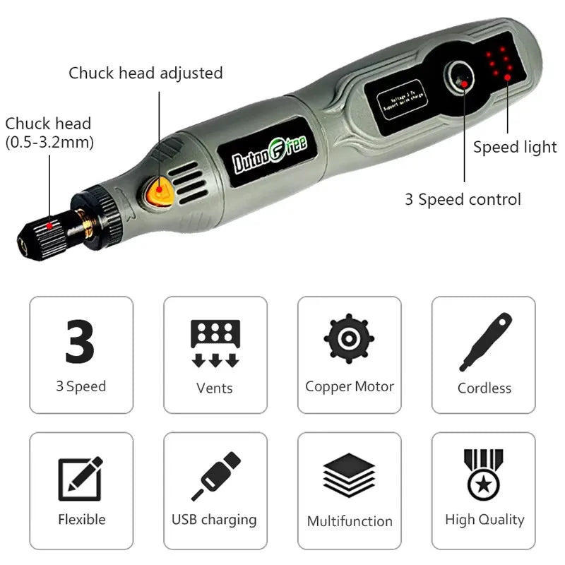 10W USB Cordless Mini Rotary Tool, 3-Speed Rechargeable Engraver & Mini Drill for DIY Woodworking & Crafts