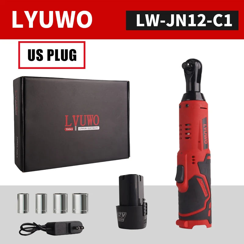 12V Cordless Right Angle Electric Wrench 45 Nm 3/8 in (9.5 mm) Ratchet Car Maintenance Tool with 4 Sockets