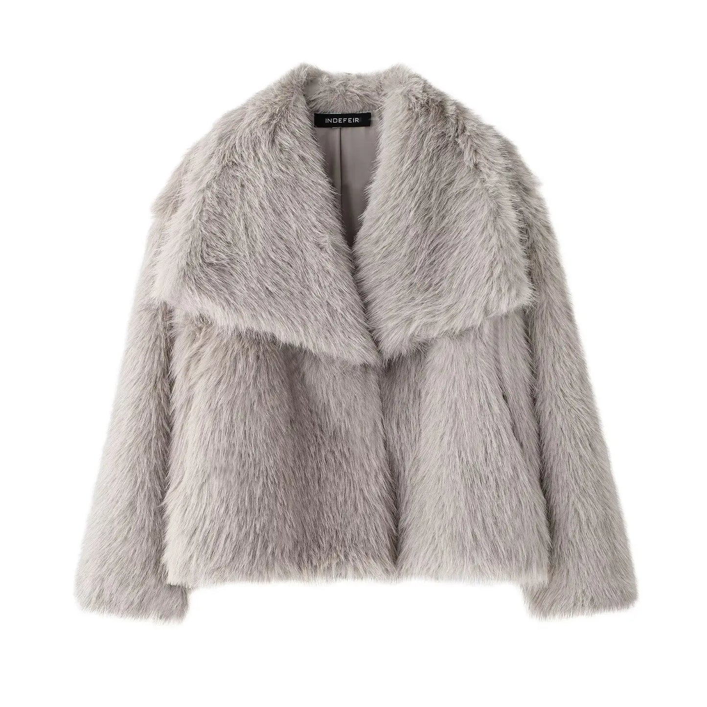 Cropped Faux Fur Jacket for Women – Long Sleeve Snap-Button Lapel Collar Thick Winter Coat