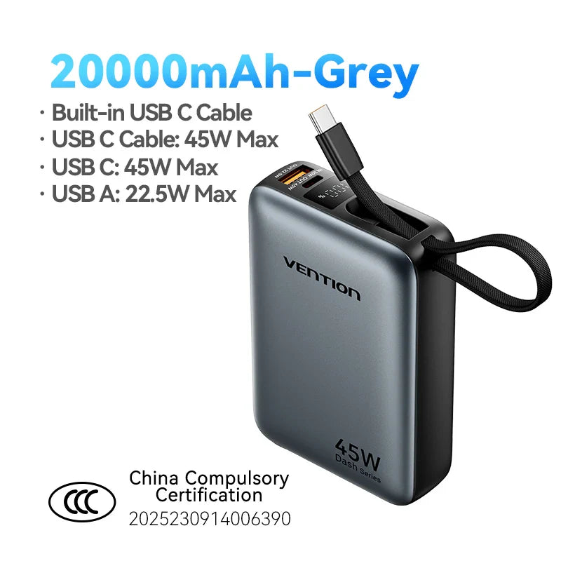 45W 20000mAh Power Bank with Built-in USB-C Cable, Fast Charging Portable Charger for iPhone Samsung Xiaomi