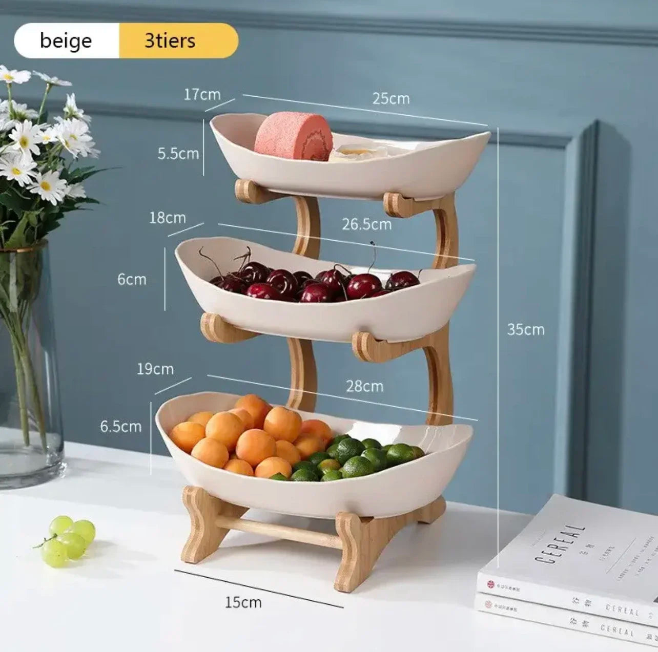 2/3-Tier Wooden Fruit Stand - Modern Snack & Candy Tray, Dried Fruit Basket and Cake Stand