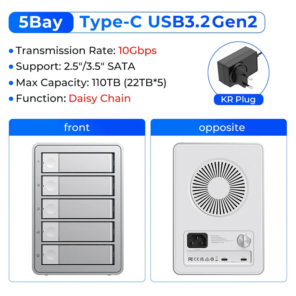 5-Bay 10Gbps SATA HDD & SSD Docking Station, 2.5"/3.5" USB 3.2 Gen2 Type-C Enclosure with Daisy Chain & 150W Power