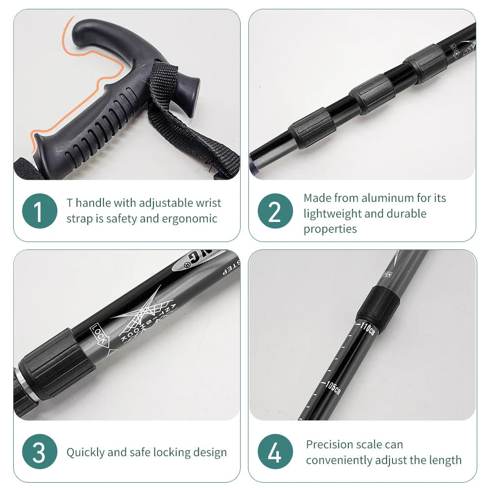 Folding 4-Section Telescopic Trekking Pole - Lightweight Aluminum Hiking Stick with T-Handle, Adjustable 21-43 in (53-110 cm)