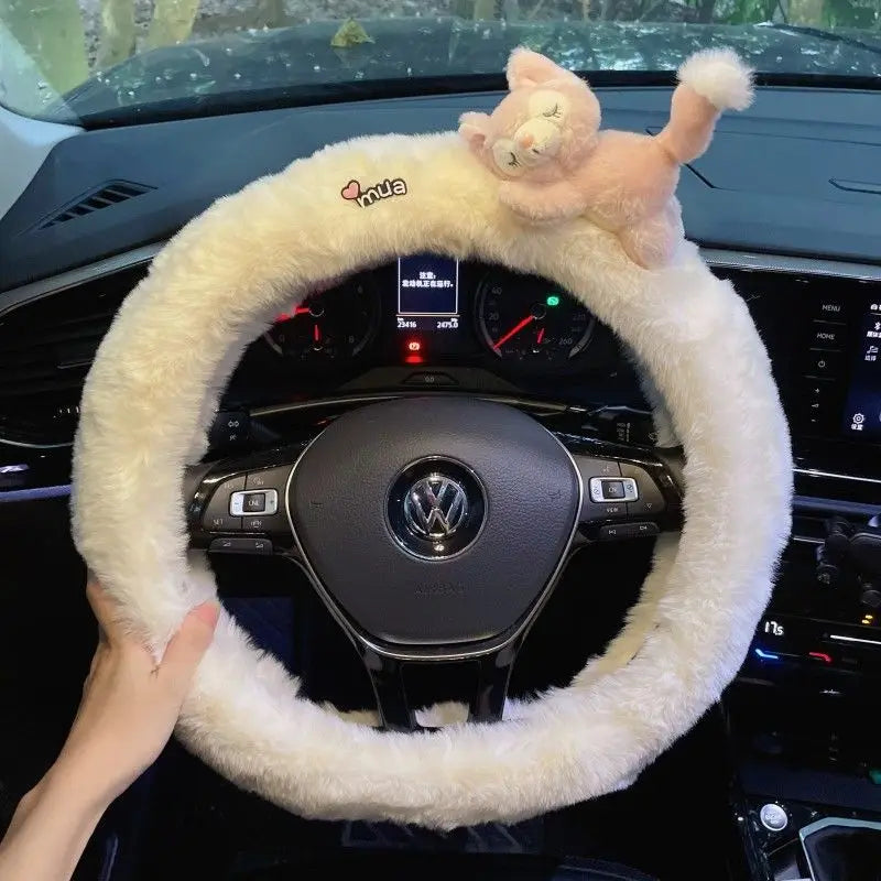 Cute Cartoon Fur Steering Wheel Cover Winter Warm Car Handle Cover for Women