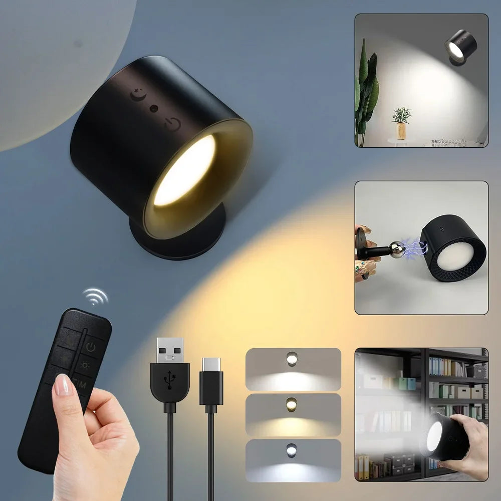 Magnetic Rechargeable LED Wall Sconce - Dual Head 360° Rotatable, 3-Color Touch & Remote Wall Lamp