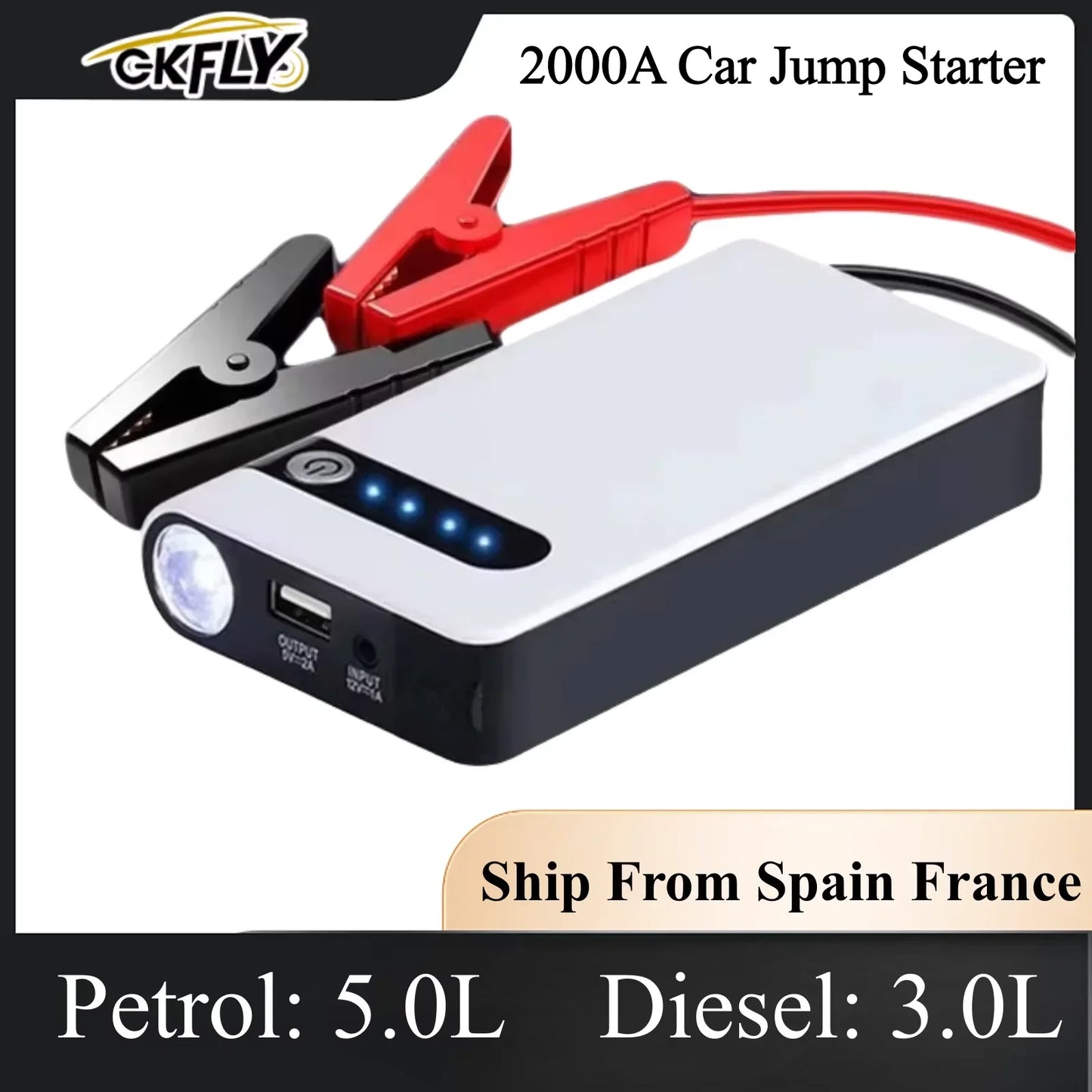 2000A Portable 12V Car Jump Starter & 44.4Wh Power Bank — Battery Booster Charger with USB, LED Flashlight, SOS, Start Petrol up to 4.0L Diesel up to 3.0L