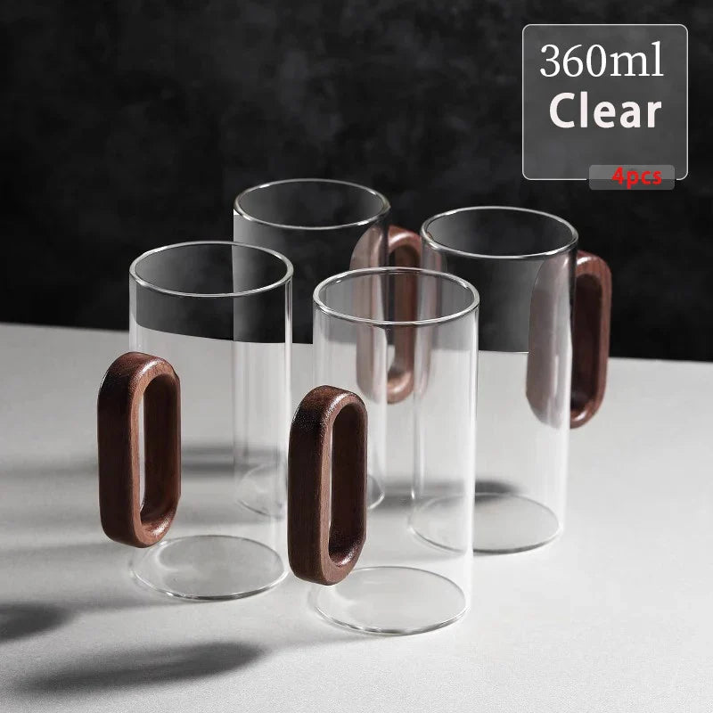 2/4/6-Pack Borosilicate Glass Mugs with Walnut Wooden Handle, 360 ml (12.2 fl oz) Heat-Resistant Teacup Set for Coffee, Milk & Juice