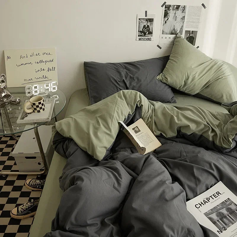 Washed Cotton Solid 4-Piece Bedding Set – 1.5 m (5 ft / 60 in) & 1.8 m (6 ft / 72 in) Duvet Cover, Fitted Sheet & Envelope Pillowcases