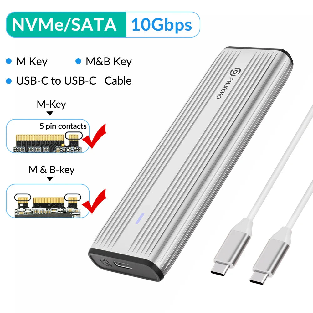 M.2 NVMe & SATA SSD Enclosure USB-C 10Gbps (USB 3.1 Gen2) Tool-Free Aluminum Case — Supports 2230/2242/2260/2280