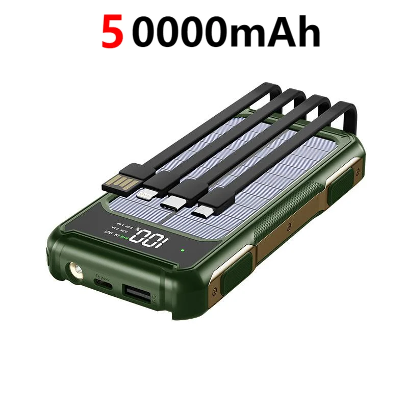 200000mAh Solar Power Bank — 4-in-1 Built-in Cables, Fast Charge, Digital Display & LED Emergency Light