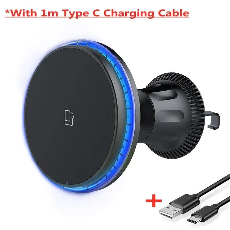 30W Magnetic Car Wireless Charger Vent Mount with RGB LED Light Fast MagSafe-Compatible Phone Holder