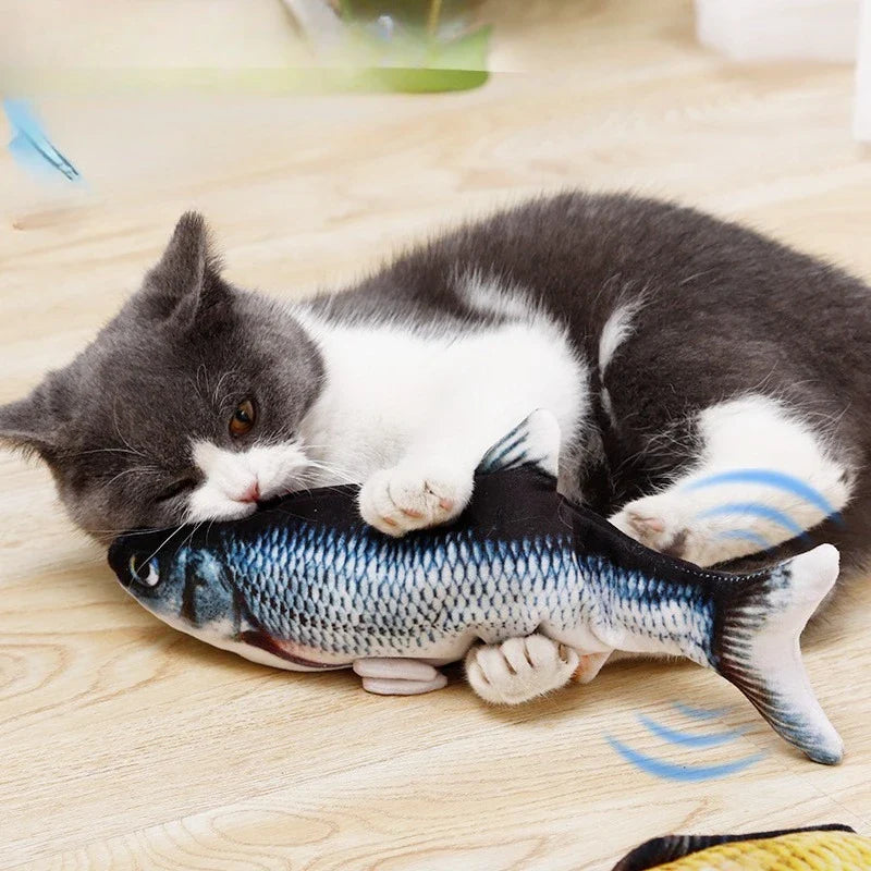 USB-Powered Interactive Cat Plush Toy Fish Grass Design — Bite-Resistant Kitten Chew Toy for Teeth Cleaning, 10.2 x 3.9 in (26 x 10 cm)