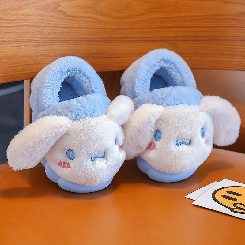 Kawaii Anime Plush Indoor Non-Slip Winter Slippers for Kids — Soft Cotton Flat Sole, Cute Cartoon Gift