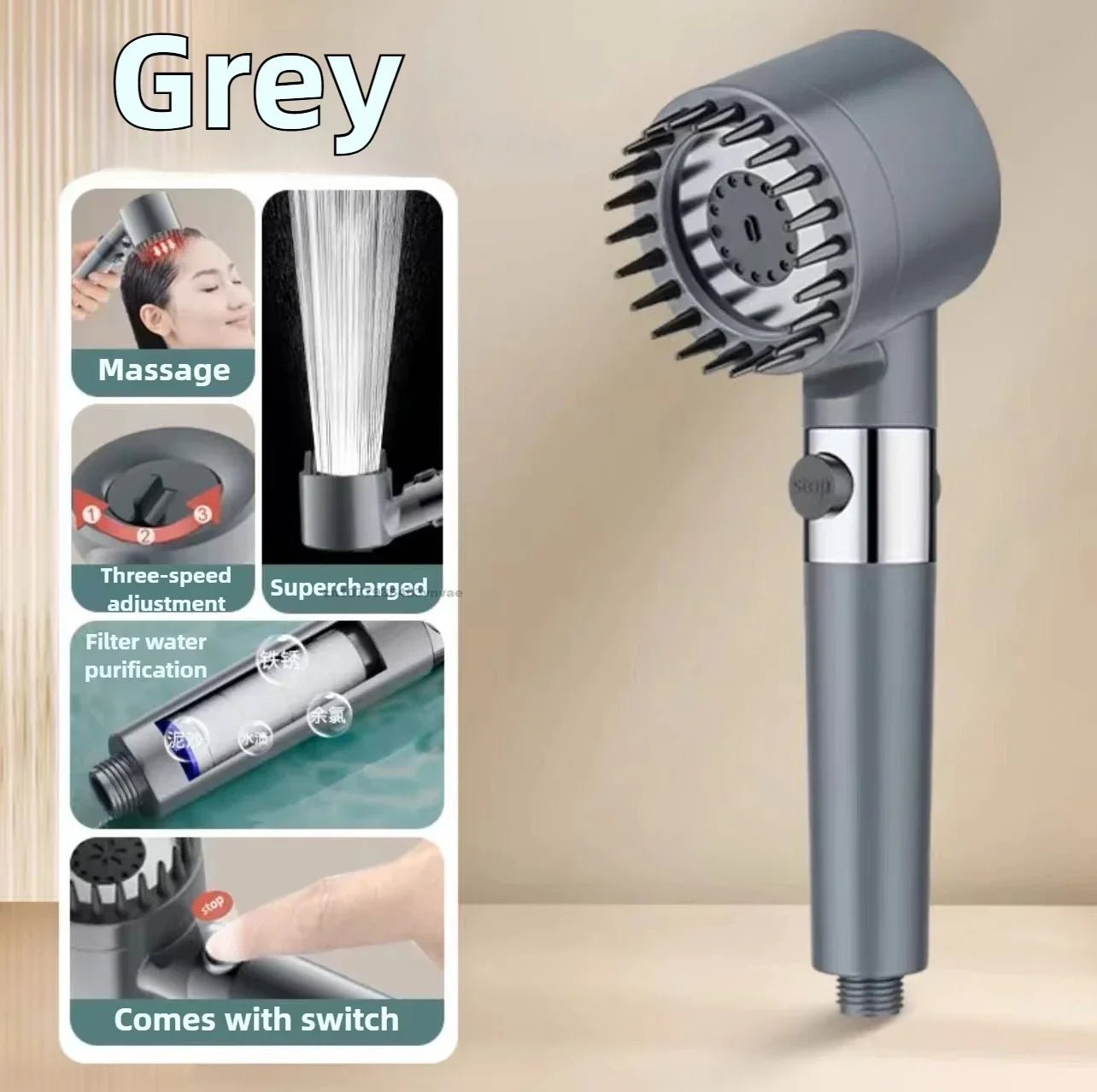 High Pressure Filtered Handheld Shower Head with One-Touch Stop and Massage - Water-Saving Shower Accessory