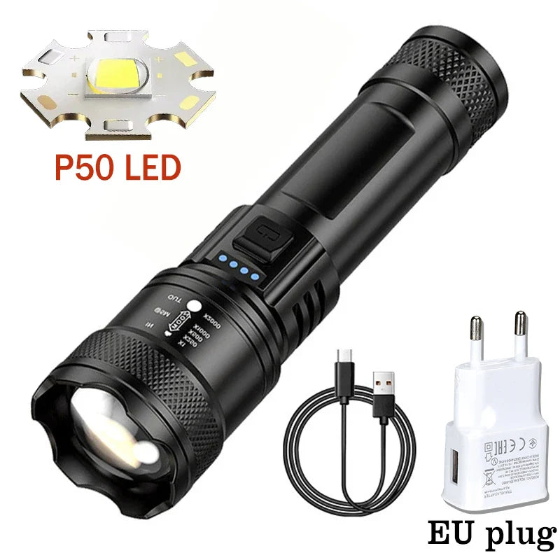 2000LM Tactical LED Flashlight with LCD Battery Display — USB-C Rechargeable Zoom Torch, IP67 Waterproof Power Bank for Camping & Emergency
