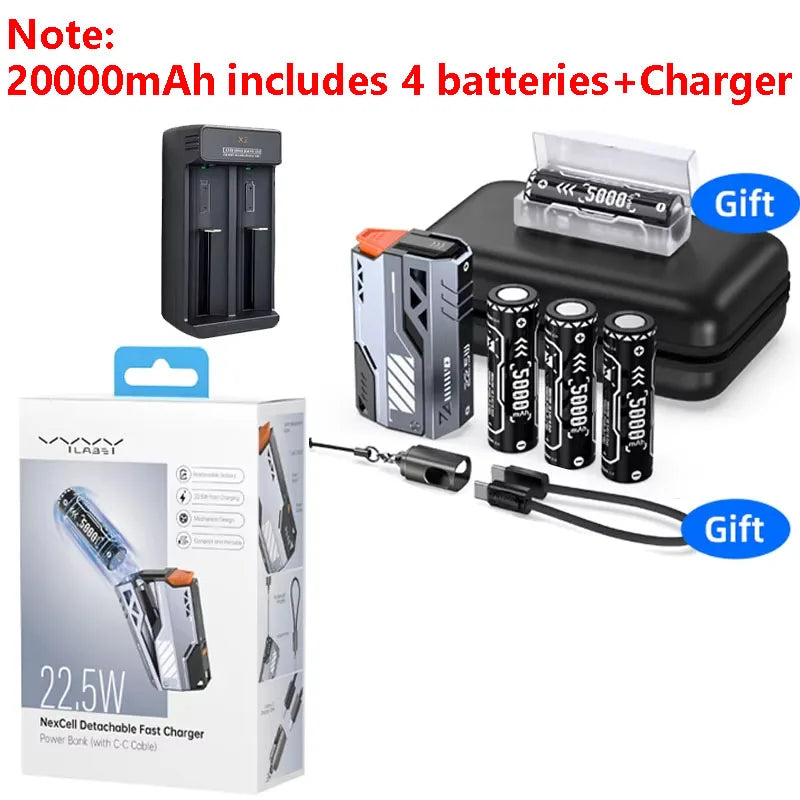 Replaceable Power Bank 10,000–40,000mAh | 22.5W Fast Charge External Battery Pack with Built-in Cable & USB-C