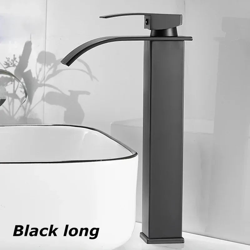 Black Waterfall Bathroom Basin Faucet – Stainless Steel Deck-Mounted High-Low Mixer Tap, Hot & Cold