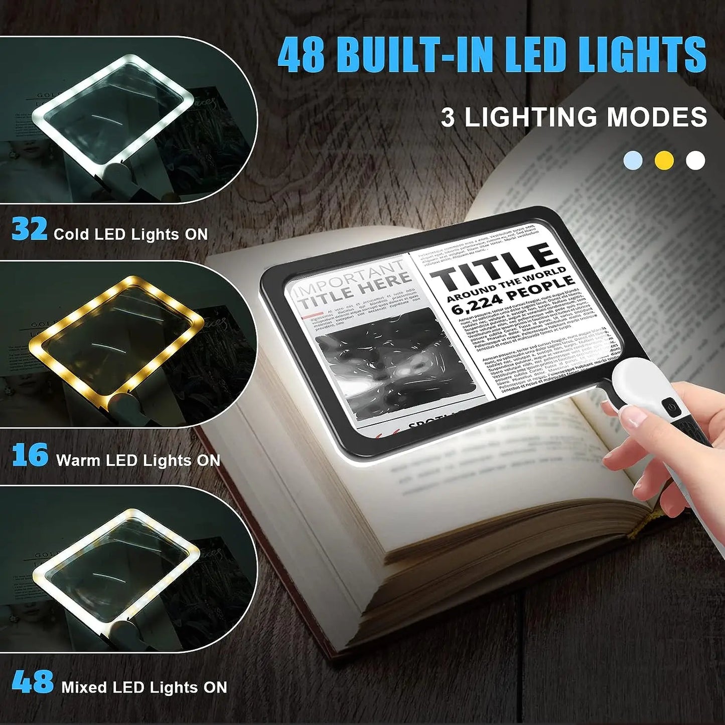 5X Rectangular LED Reading Magnifier - 48 LEDs, Dimmable Foldable Handheld, 7.3 x 4.4 in (18.5 x 11.2 cm) Large Lens for Seniors & Low Vision