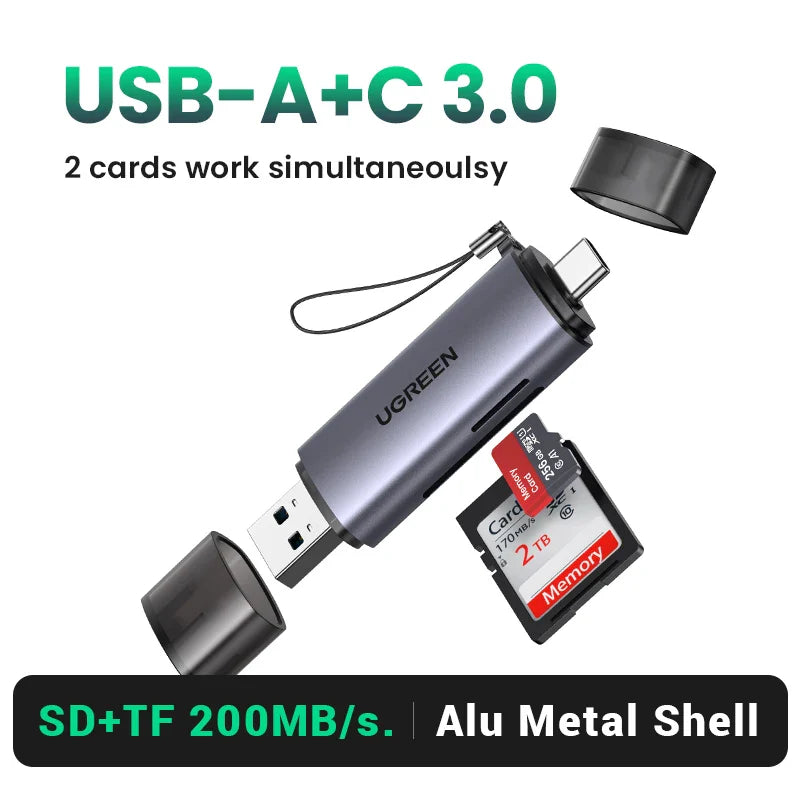 USB 3.0 Card Reader — SD & Micro SD (TF) Dual Slot 2-in-1, 5Gbps USB-A, Plug & Play, Supports up to 2TB