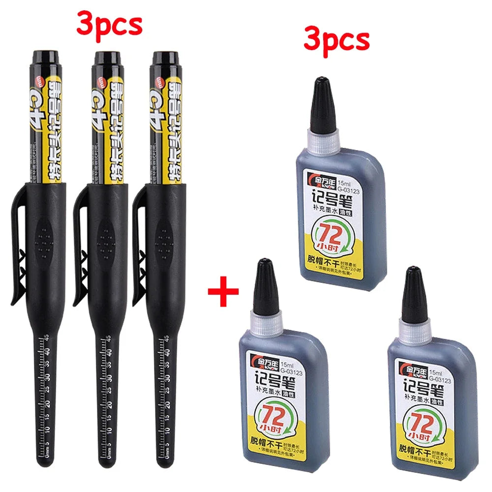 Waterproof Carpenter & Tile Marker Pen 45mm Long Nib — Deep-Hole Woodworking Marker, Black Blue Red (1–6 Pack)