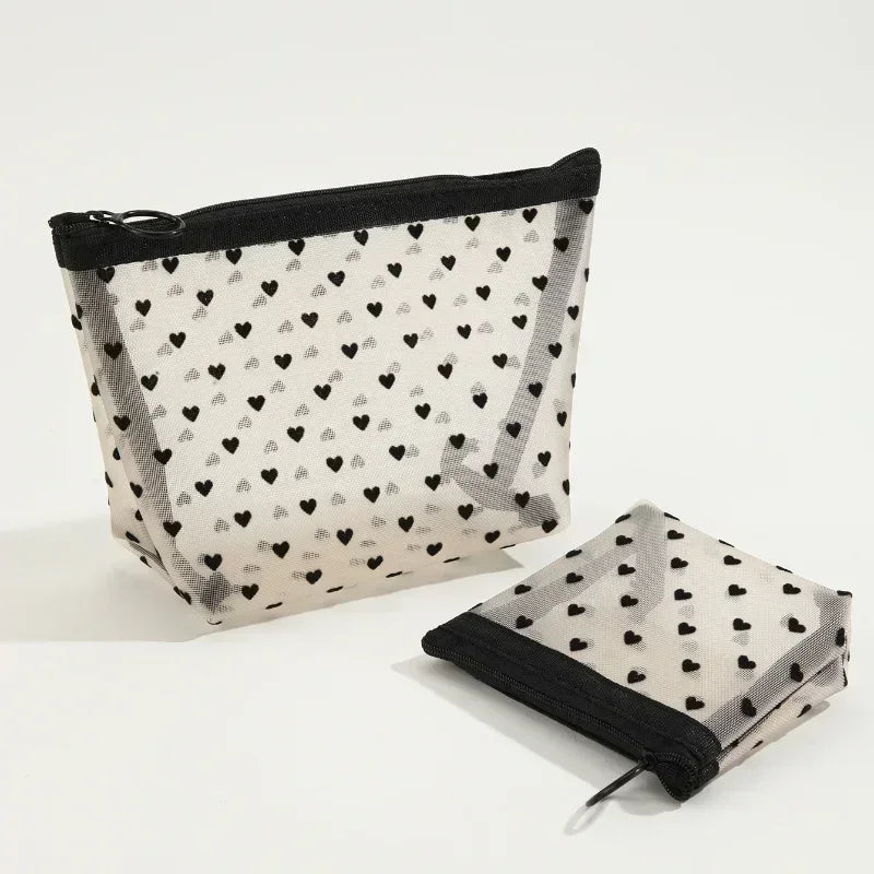 Heart-Shaped Mesh Cosmetic Bag - Zipper Toiletry Makeup Pouch for Women, Coin & Lipstick Organizer