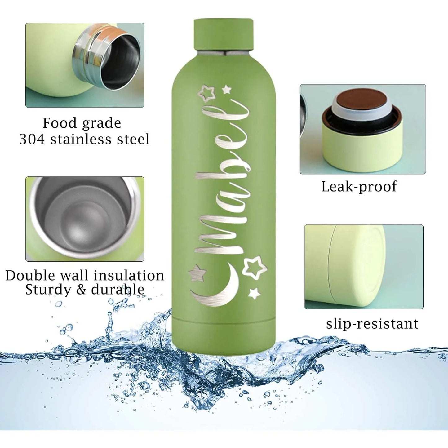 Personalized Stainless Steel Vacuum Water Bottle 17oz (500ml), Custom Name Laser Engraved Sports Tumbler