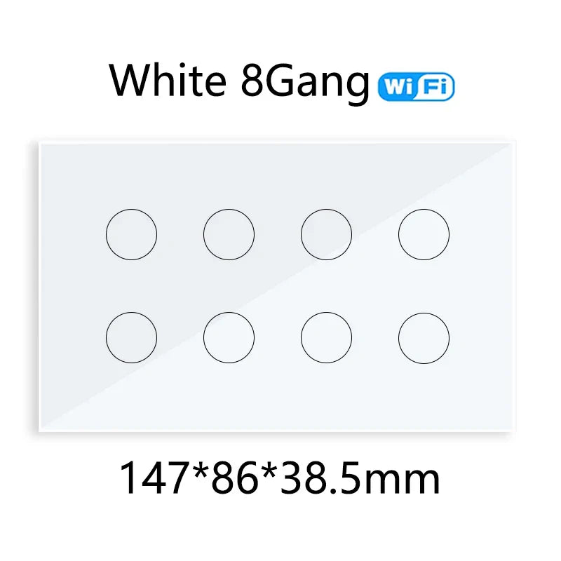 WiFi Smart Touch Glass Wall Light Switch — 8 Gang or 10 Gang (147 x 86 x 38.5 mm / 5.79 x 3.39 x 1.52 in) — Tuya/Smart Life, Alexa & Google Home