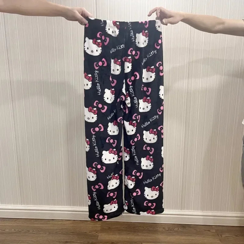 Hello Kitty Flannel Pajama Pants – Kawaii Cartoon Velvet Lounge Pants for Girls & Women, Fall Winter Home