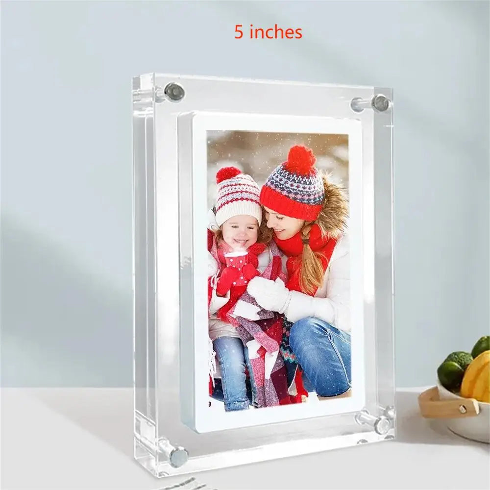 Acrylic Digital Photo Frame 5 in (12.7 cm) / 7 in (17.8 cm) IPS – 1000mAh Rechargeable, Type-C Upload, 2–8GB Memory, Vertical & Horizontal Playback