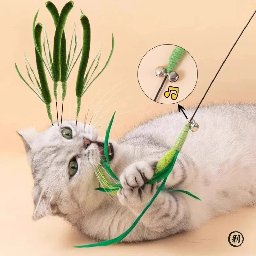 Interactive Feather Wand for Cats – 19.7 in (50 cm) Sage Tail Grass Teaser Stick, Bite-Resistant Sound Toy for Kittens