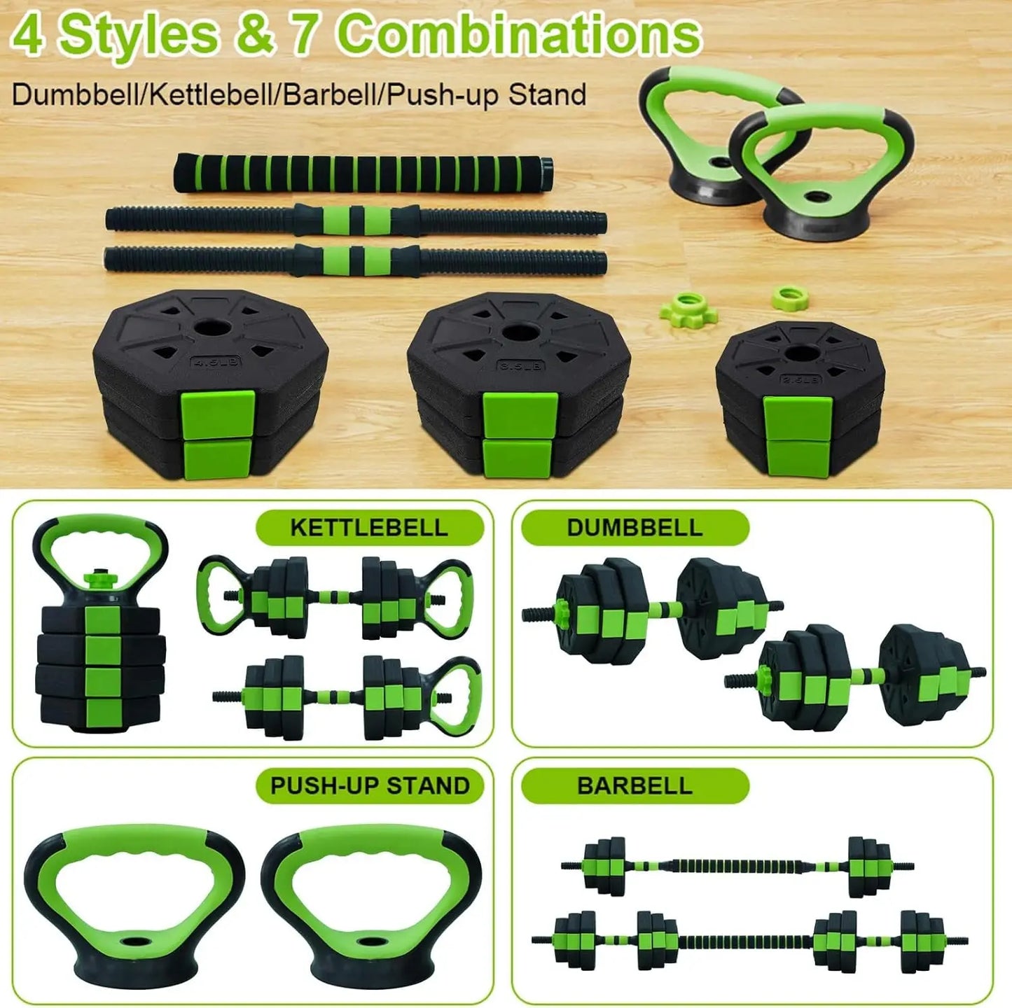 Adjustable 4‑in‑1 Dumbbell & Kettlebell Set 66/88 lb (30/40 kg) — Converts to Barbell & Push‑Up Handles for Home Gym