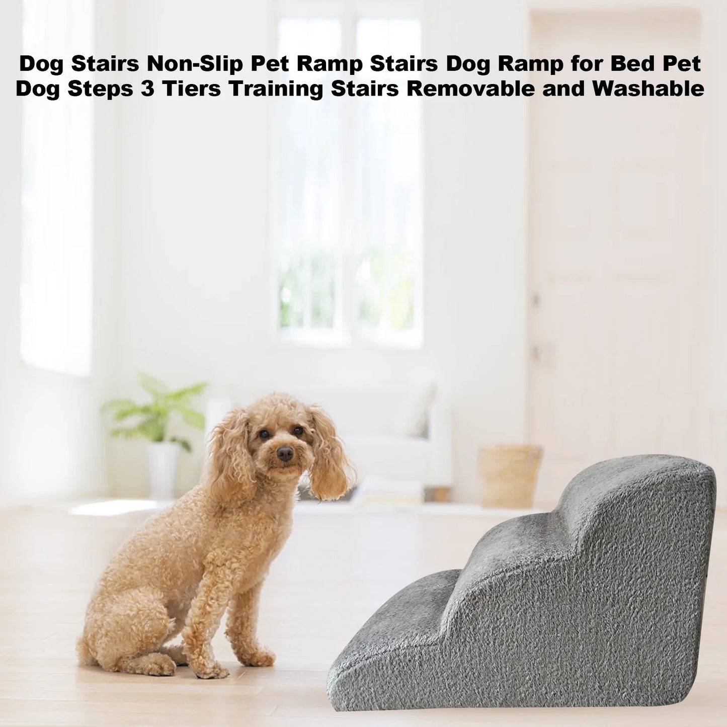 Non-Slip 3-Step Pet Stairs for Dogs & Cats — Removable Washable Cover, Foam Ramp for Bed & Sofa, 23.6 x 16.5 x 15.4 in (60 x 42 x 39 cm)