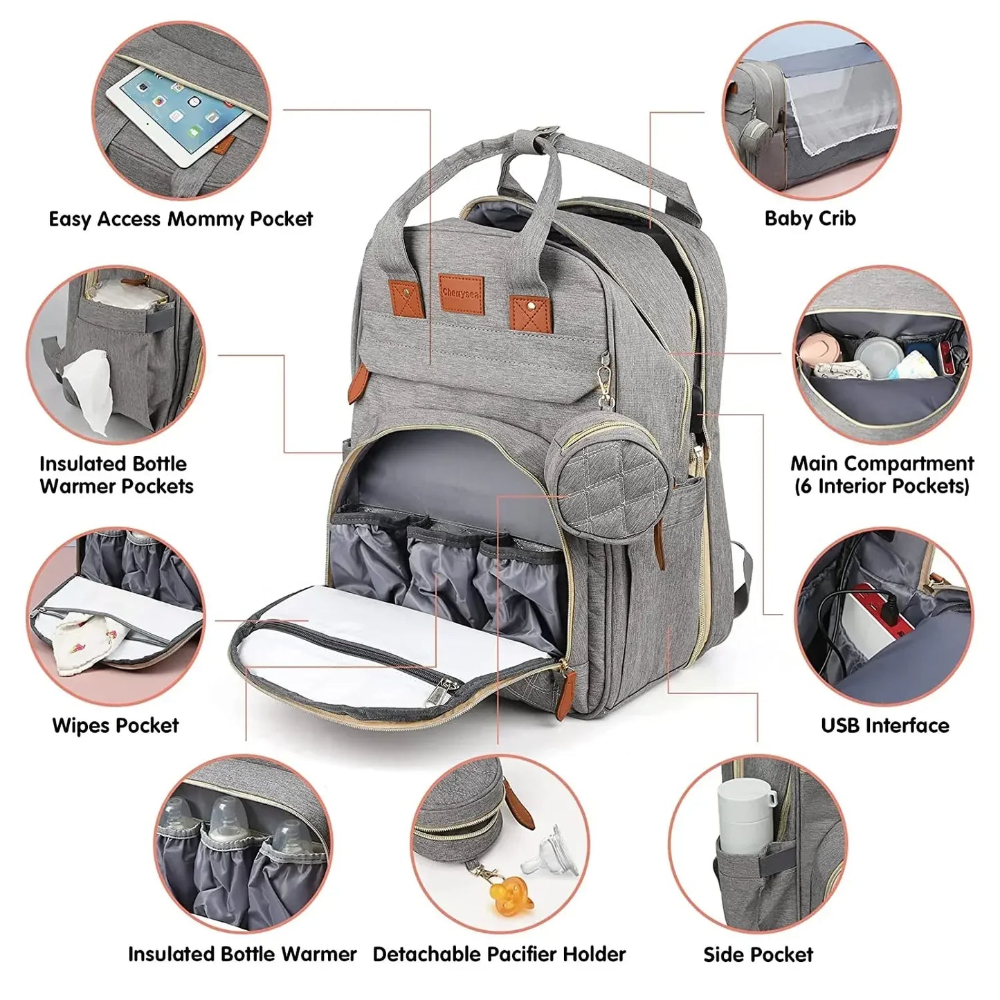 3-in-1 Diaper Bag Backpack with Foldable Changing Bed, Waterproof Travel Bag with USB Charging Port