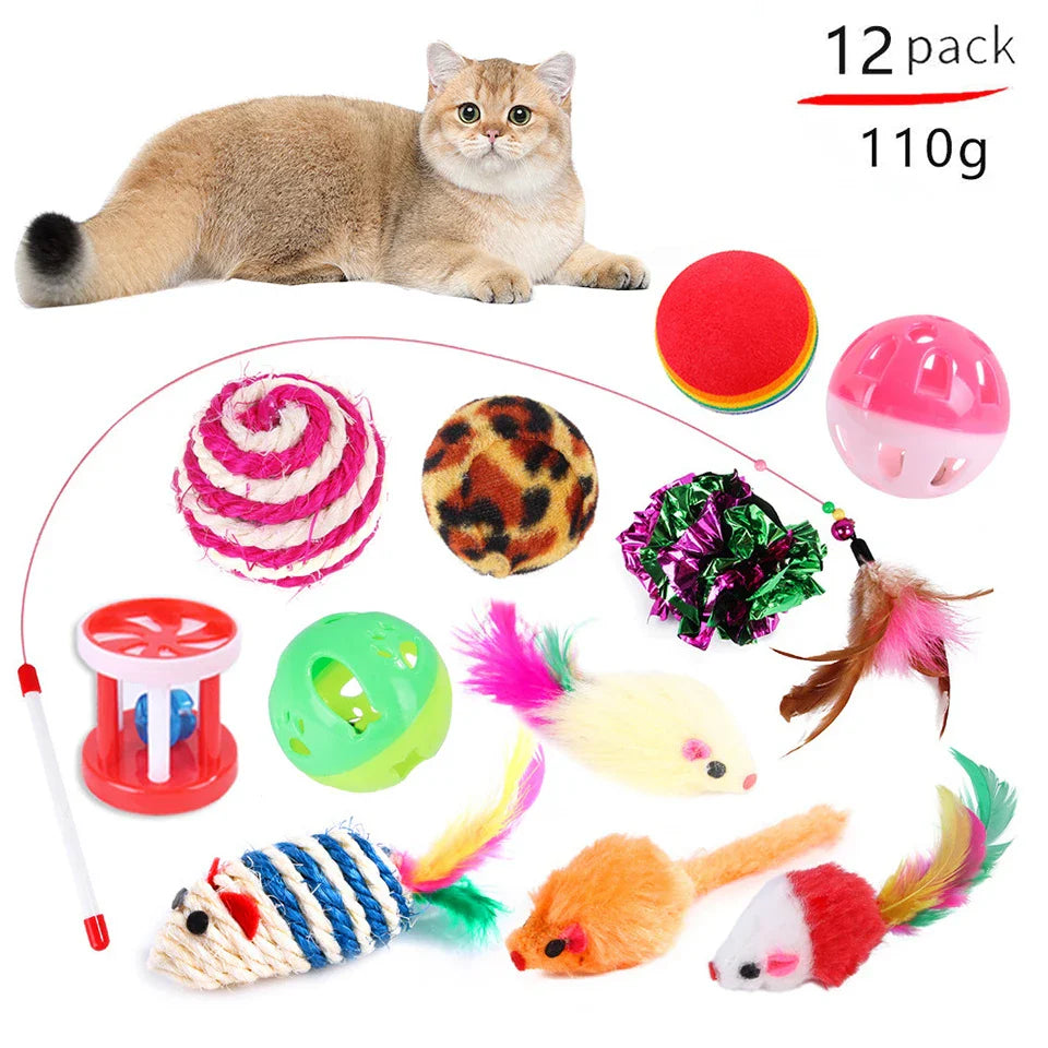 Interactive 11-Piece Cat Toy Variety Set — Feather Wands, Sisal Mice, Bell Balls & Plush Toys