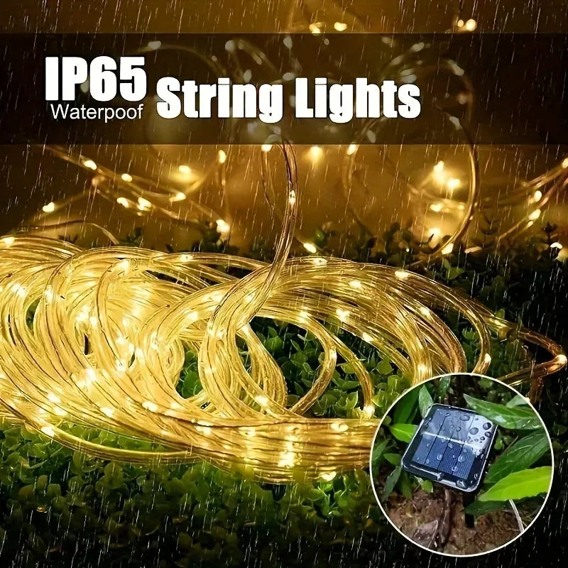 Solar LED String Lights (100/200 LEDs, 10m/20m | 32.8ft/65.6ft) Waterproof IP65 Tube Rope Fairy Lights for Garden Patio Wedding Christmas