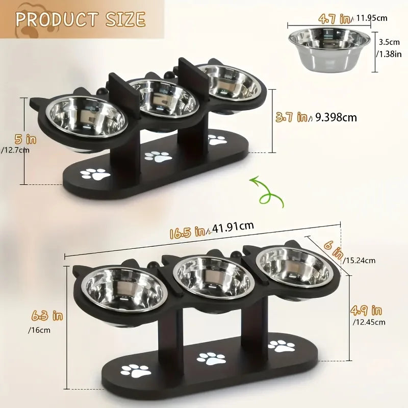 3-Tier Elevated Cat Feeder - Wood & Stainless Steel Adjustable 15-Degree Slanted Bowls, Removable Stands