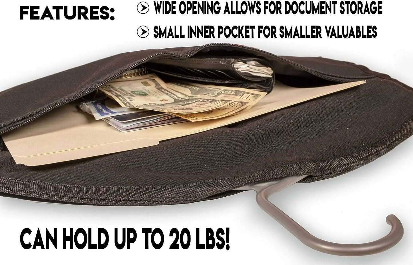 Hidden Hanger Pocket Safe — Closet Stash for Valuables, Fits 8.5 x 11 in (216 x 279 mm) Documents, Passports & Jewelry