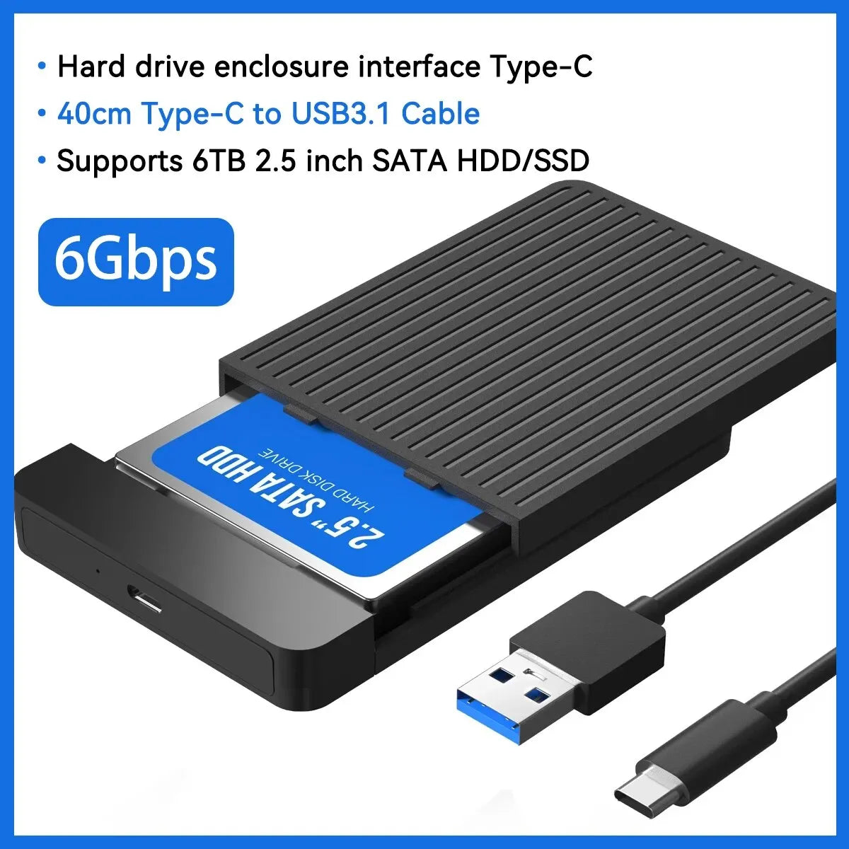 2.5-Inch SATA to USB 3.1/3.0 HDD & SSD Enclosure (USB-C) — 6 Gbps External Hard Drive Case, Tool-Free Hot-Swap