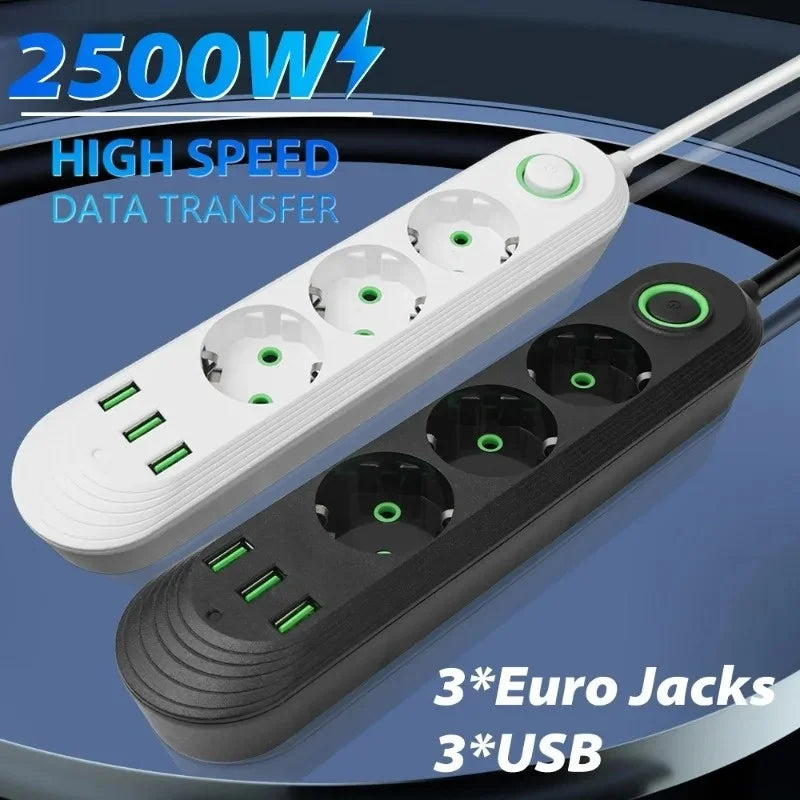 2500W EU Power Strip — 5-Outlet Extension Cord with 3 USB Ports, 2.0m (6.6ft) Cable, Overload Protection