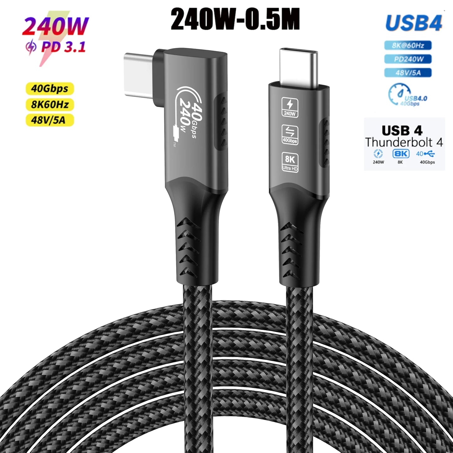 USB4 Thunderbolt 4 USB-C to USB-C Cable — 40Gbps, 240W (48V/5A) PD 3.1, 8K@60Hz Video, Thunderbolt 3 Compatible
