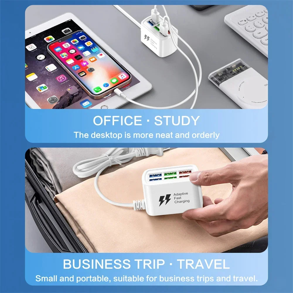 6-Port USB Travel Charger Hub – 120W Fast Charging Power Strip with EU & US Plug, Universal USB AC Adapter