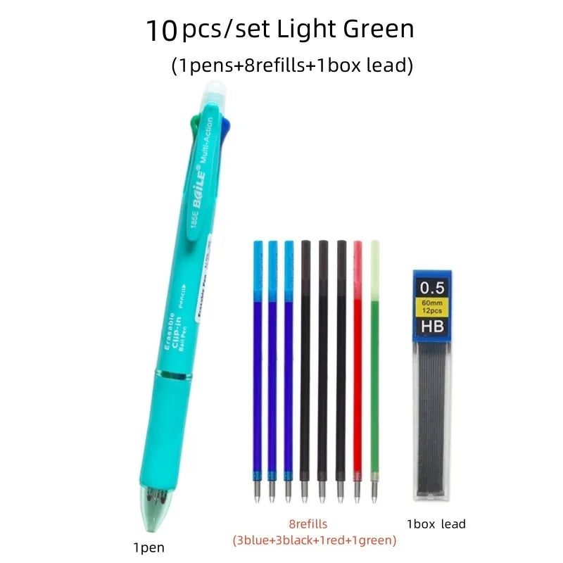 5-in-1 Erasable Multicolor Gel Pen — 4 x 0.7mm Refillable Ballpoint + 0.5mm Mechanical Pencil