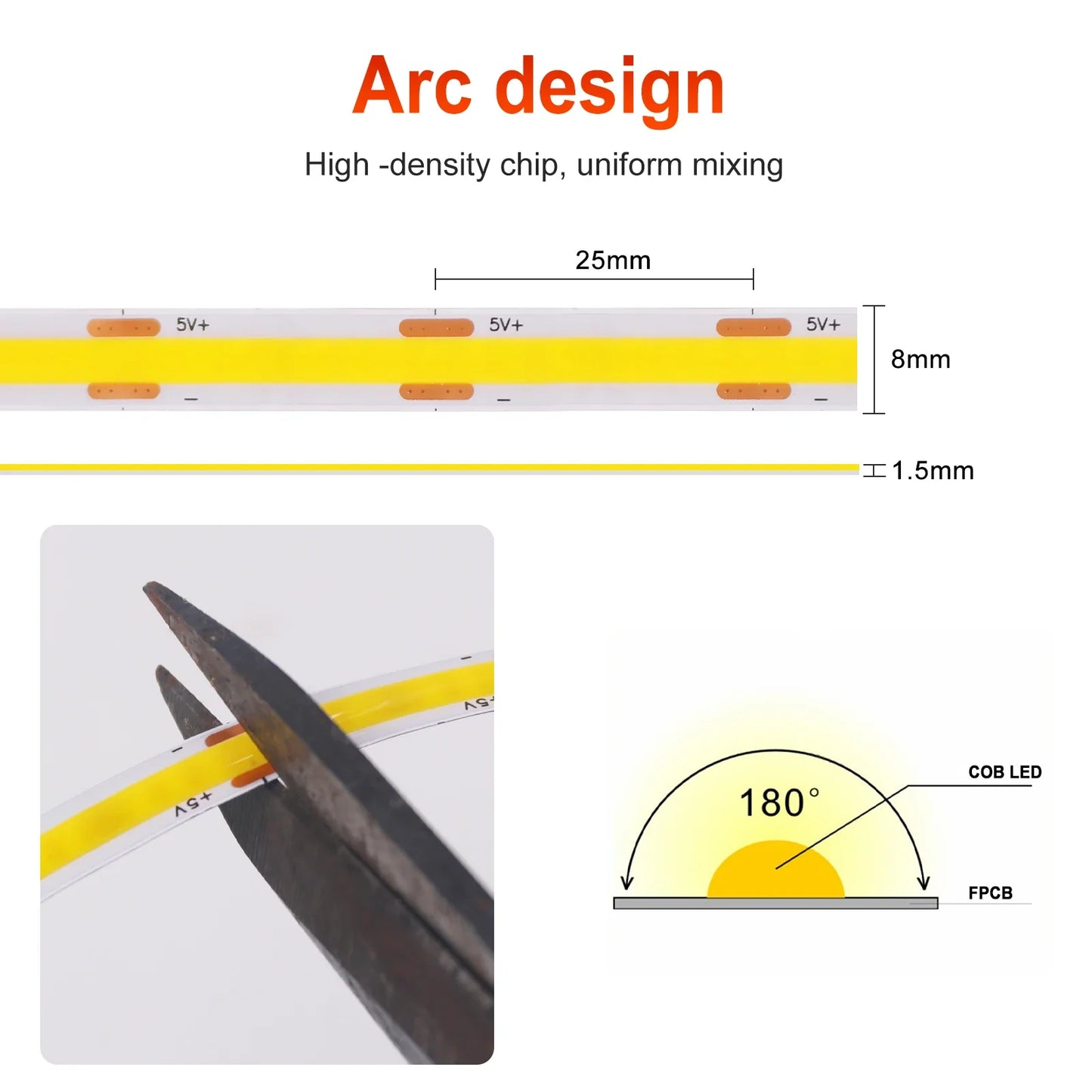 Dimmable COB LED Strip Light 5V USB with ON/OFF Switch — 320 LEDs/m High-Density Flexible Tape Light, Adhesive Backing, 3000K/4000K/6000K