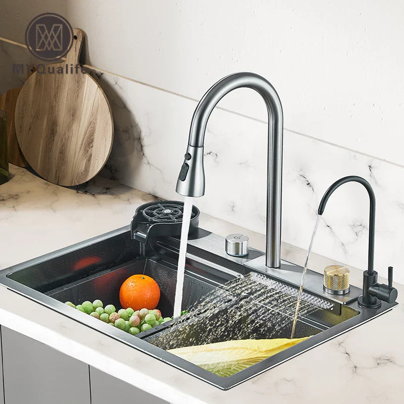 304 Stainless Steel Waterfall Kitchen Sink Large Single Bowl Undermount 60 x 45 cm (23.6 x 17.7 in) Brushed Finish Faucet Set 3-Way Pull-Out Sprayer