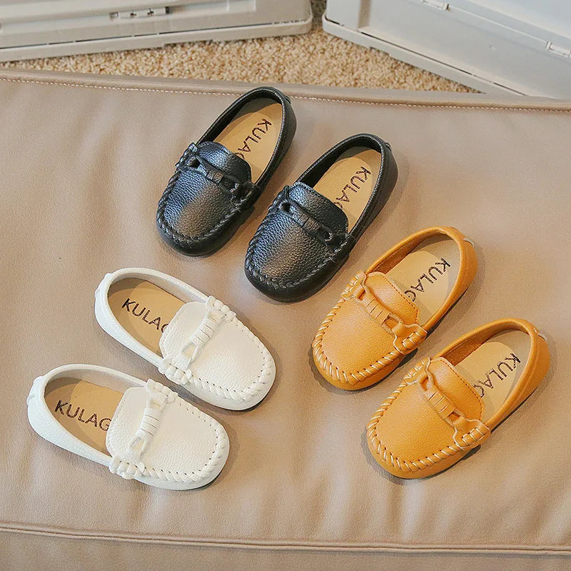 Kids Black & White PU Leather Slip-On Loafers — Formal School Party Moccasins (EU 21-30)