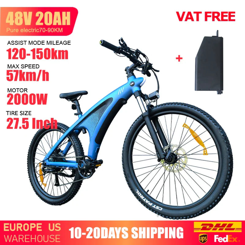 2000W 48V 20Ah Electric Mountain E-Bike — 27.5 in Fat Tire Adult Ebike, IPX6