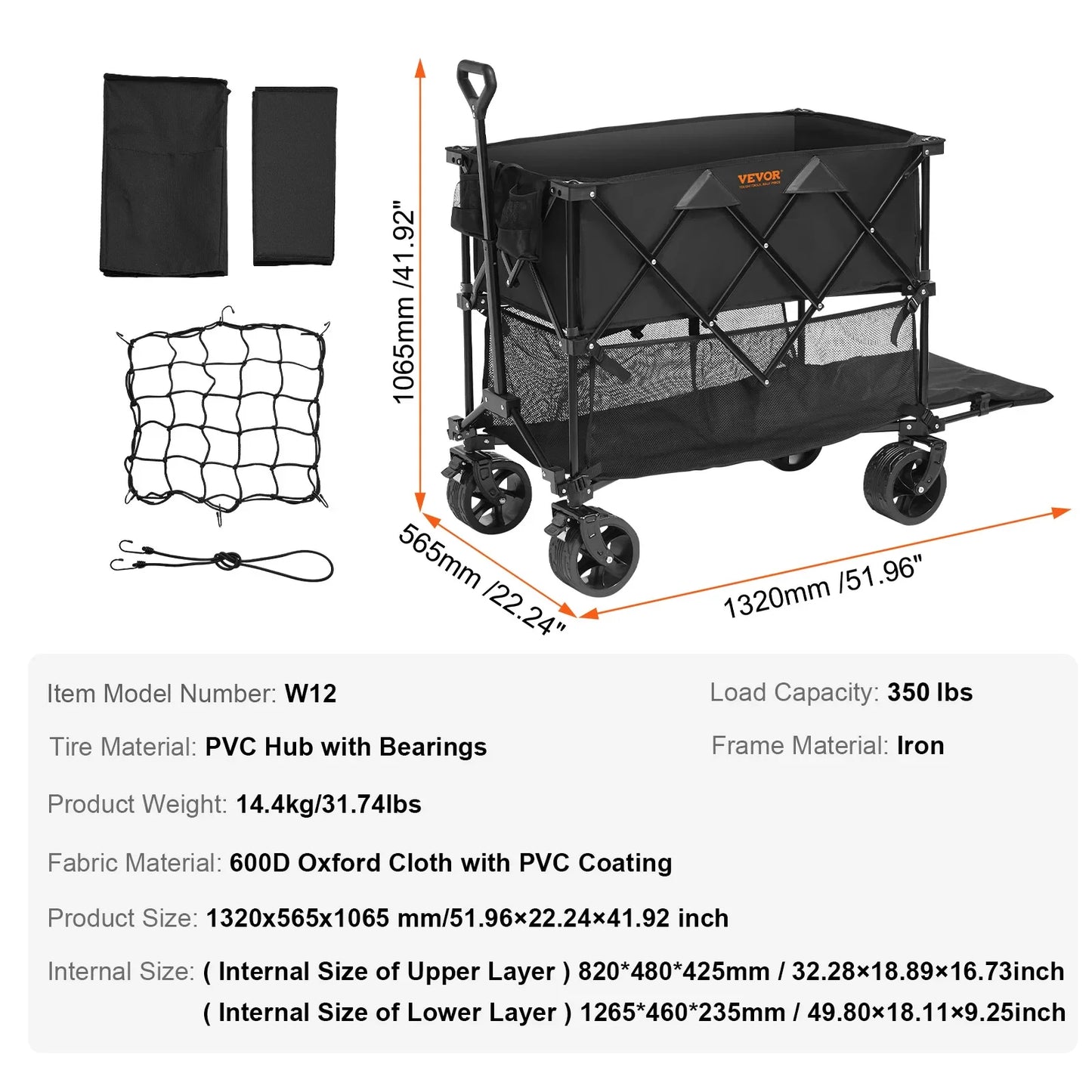 Collapsible Folding Wagon Cart — All-Terrain Beach & Camping Utility Wagon with Drink Holder & Storage Pockets