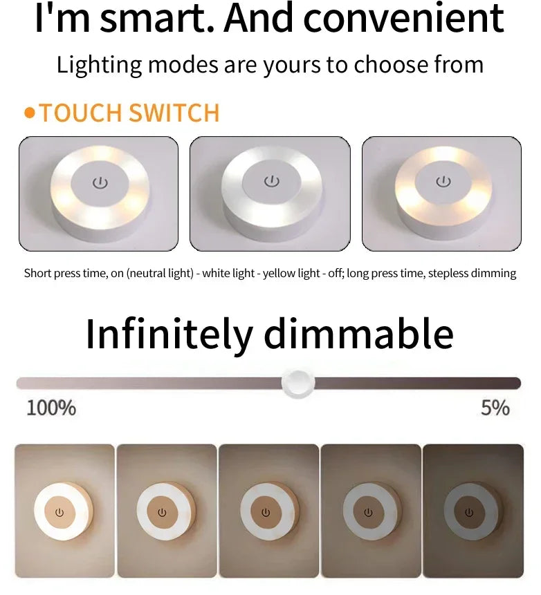 Rechargeable Round LED Touch Wall Lamp - Dimmable Magnetic Night Light for Bedroom, Closet & Reading