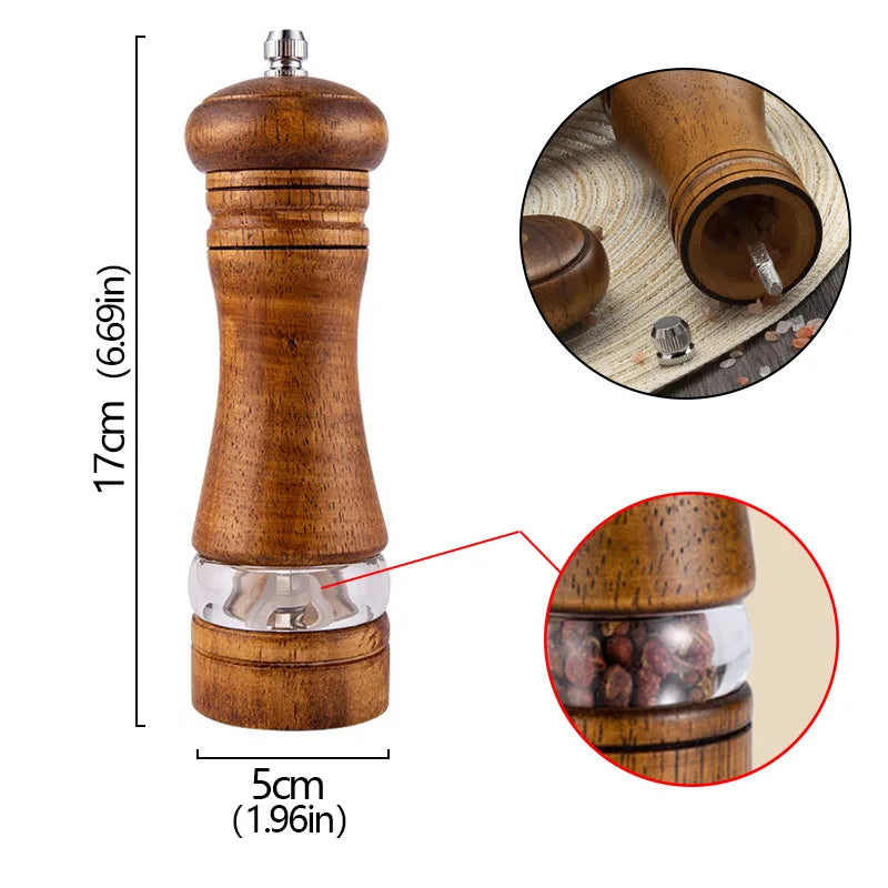 6.7-Inch (17 cm) Manual Pepper Grinder – Rubberwood & Acrylic Salt & Pepper Mill, Adjustable Ceramic Grinder, Refillable Spice Shaker