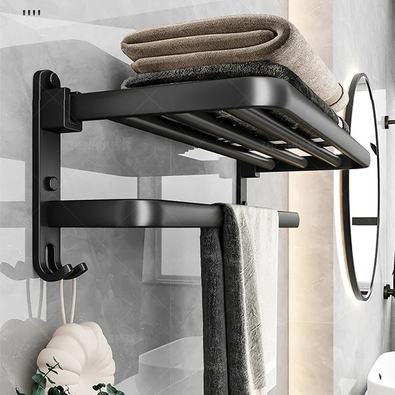 50 cm (19.7 in) Matte Black Folding Wall-Mount Aluminum Towel Rack with Hook, Double Bar